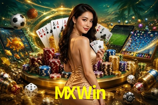 Una escena digital vívida inspirada en casino con MXWin mostrado prominentemente, luces brillantes, fichas, cartas y acentos dorados.