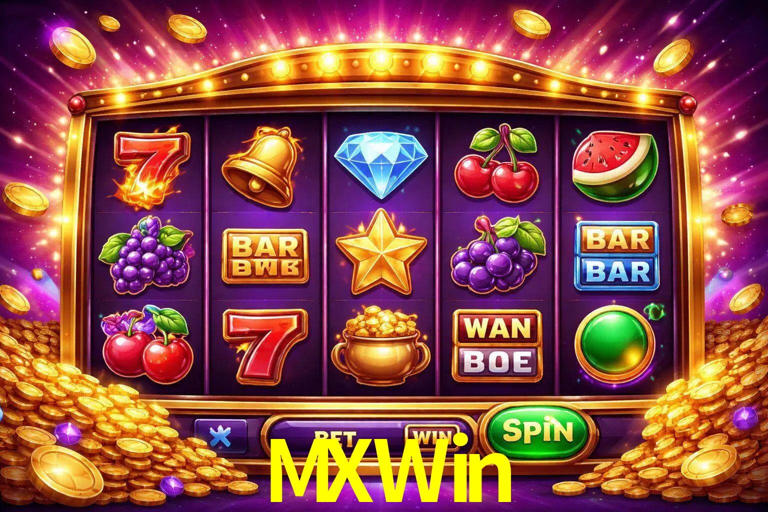 Una interfaz colorida de tragamonedas en línea con símbolos brillantes, monedas y un efecto de victoria celebratoria en MXWin.