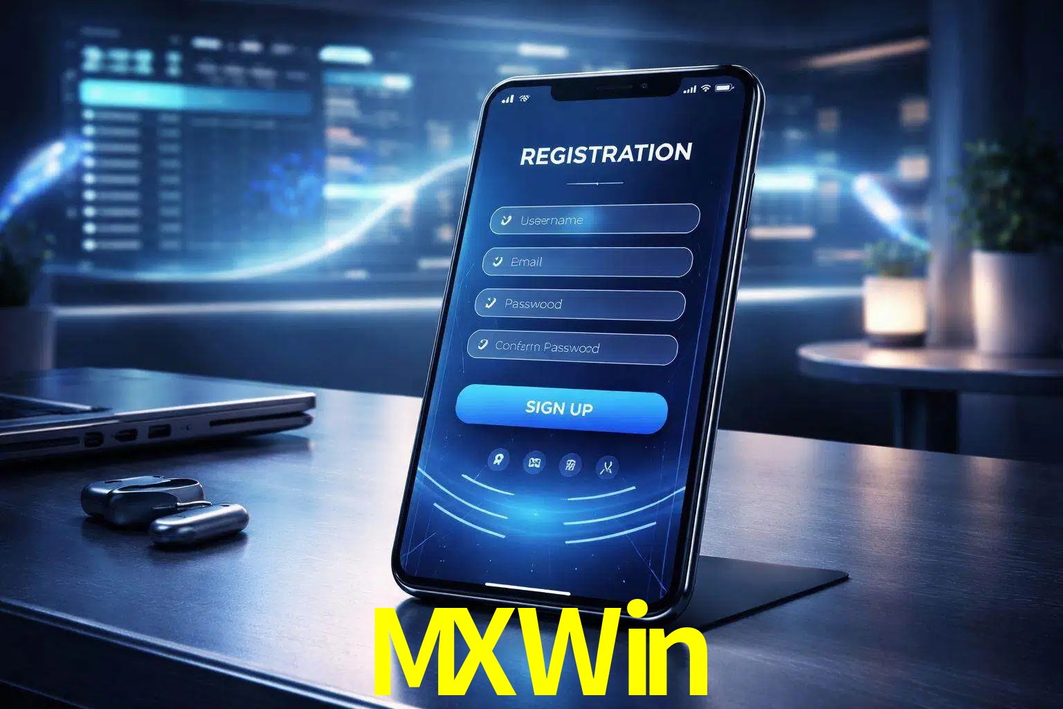 Una interfaz moderna de registro móvil para MXWin mostrada en un smartphone con un panel de apuestas elegante.